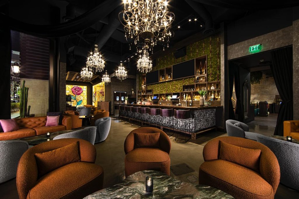 Interior of La Neta Cocina y Lounge in Downtown Summerlin with chandeliers and Latin-inspired décor