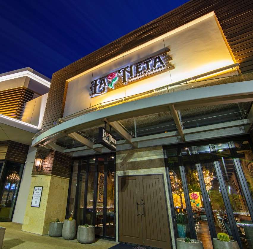 Exterior of La Neta Cocina y Lounge in Downtown Summerlin, Las Vegas — upscale Mexican restaurant near Red Rock Casino serving chicken flautas, breakfast flautas, and some of the best flautas in Las Vegas. 