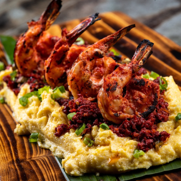 Best garlic mojo shrimp in Las Vegas served with chorizo and jalapeño polenta at La Neta Cocina y Lounge in Downtown Summerlin