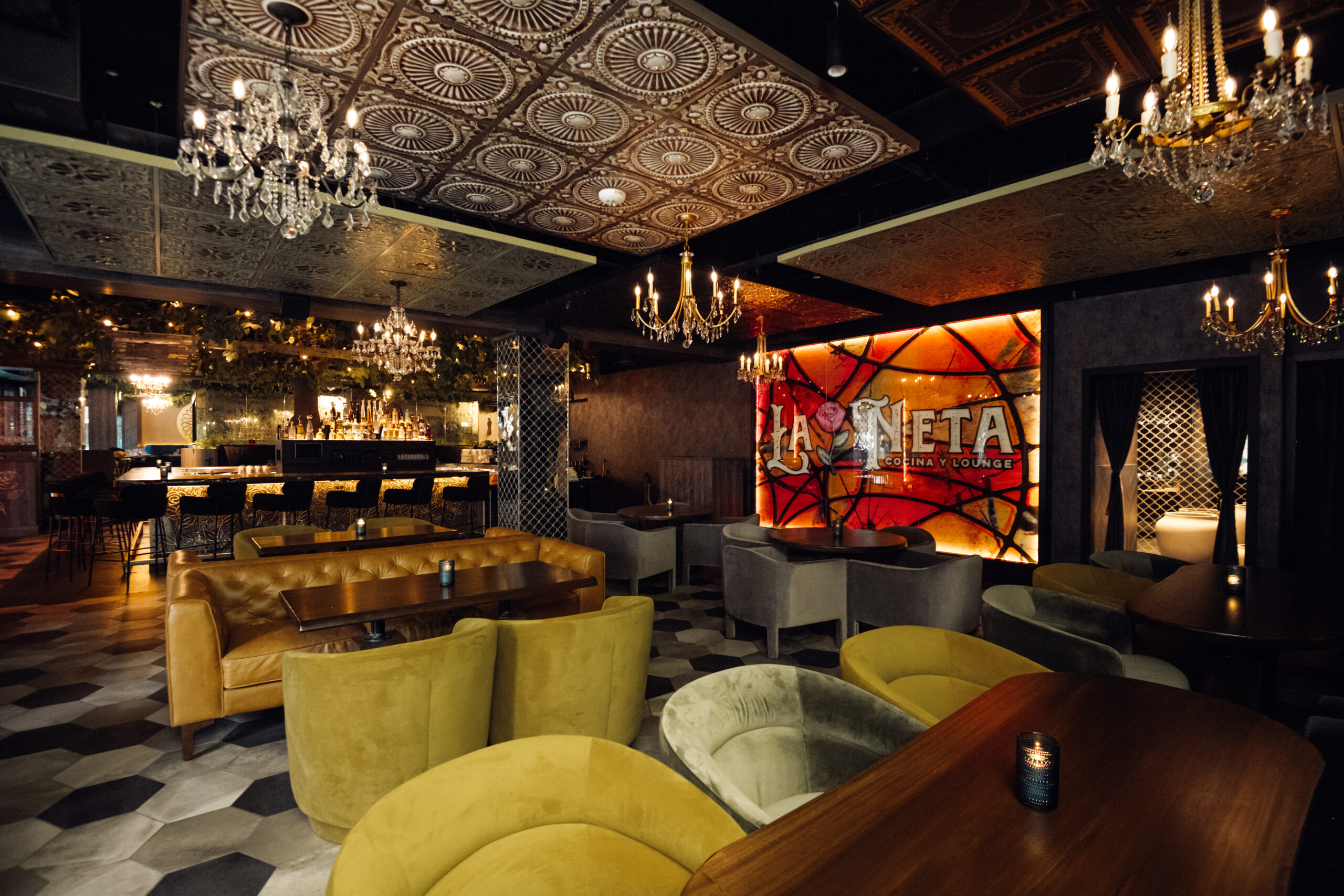 Elegant interior of La Neta Cocina y Lounge in Downtown Summerlin, Las Vegas, where guests enjoy signature dishes like El Jefe’s pollo chicken.